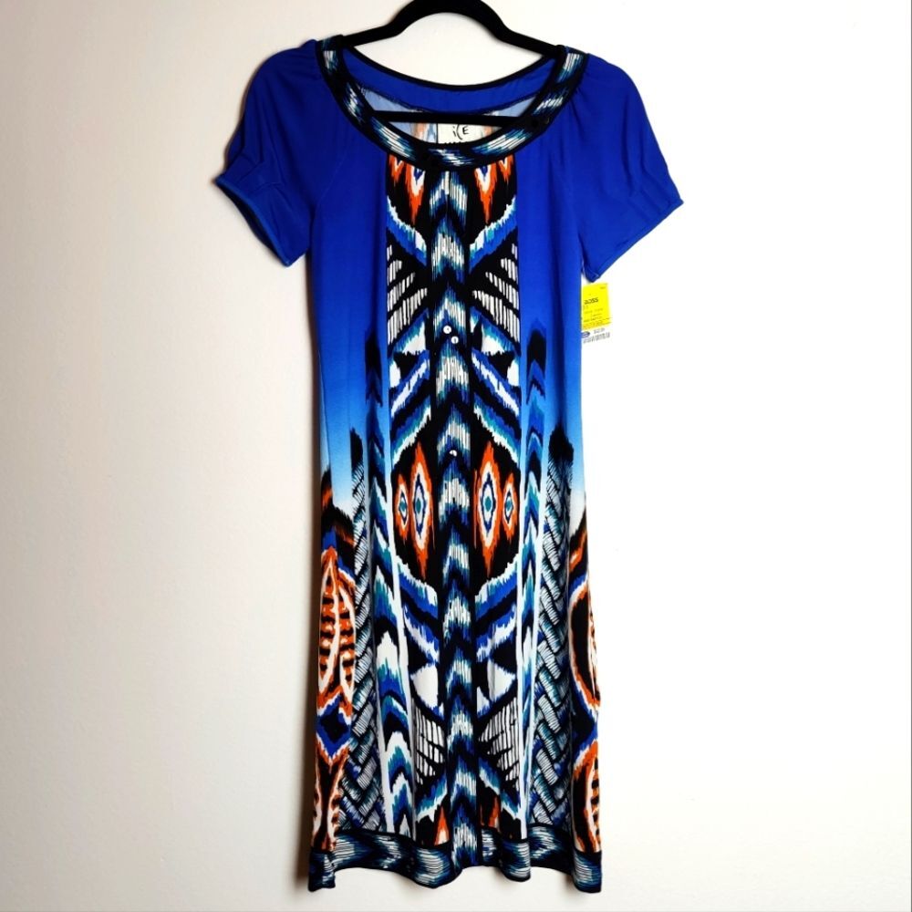 Vintage NWT ICE Blue/Orange Aztec Print Sequin Beaded Midi Dress, Size 4